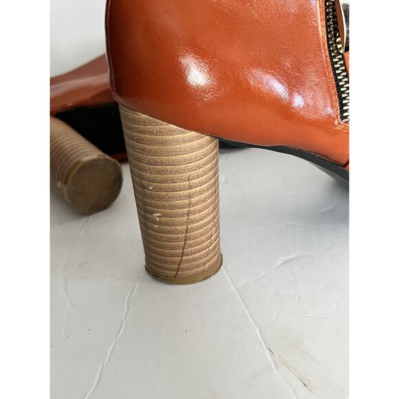 Cri de Coeur •11• Ankle Boots Heels Round Orange Gold Cap Toe Zip Wood Stacked - Picture 10 of 11